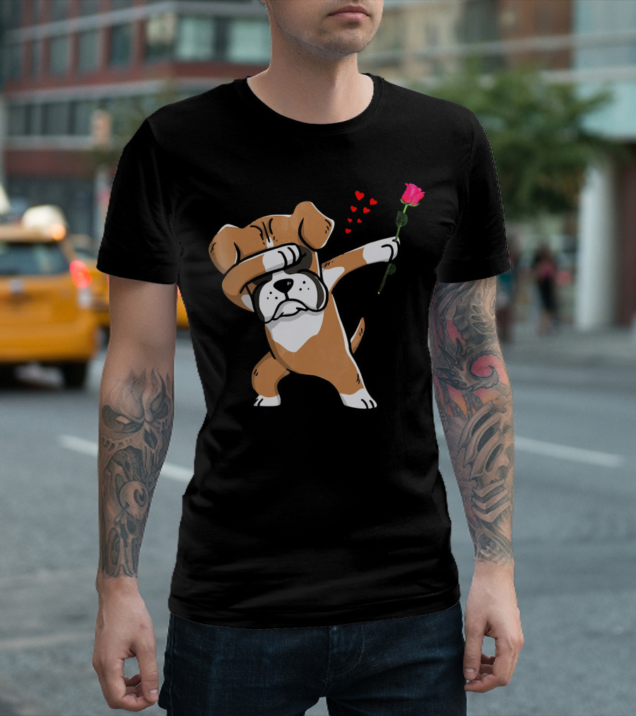 Dabbing Boxer Dog Valentine With Rose And Hearts T-Shirt