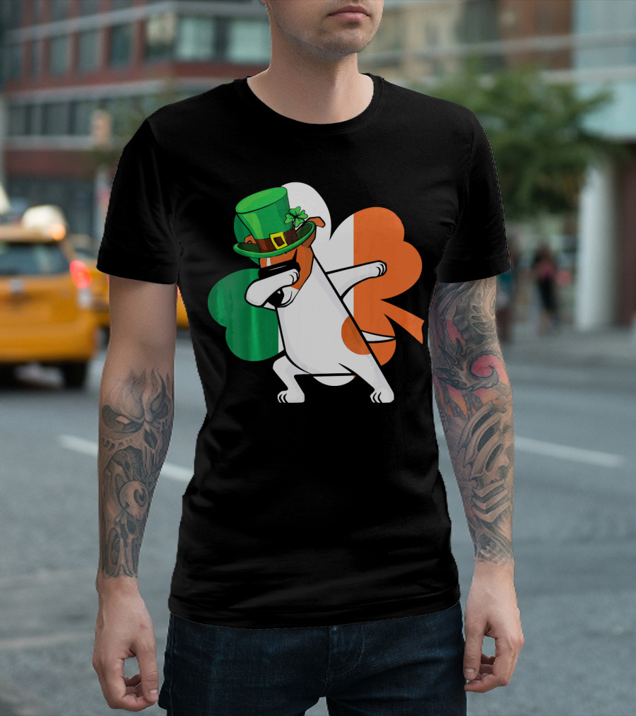 Dabbing Jack Russell Terrier Leprechaun Hat Shamrock Irish Flag St Patrick's Day T-Shirt