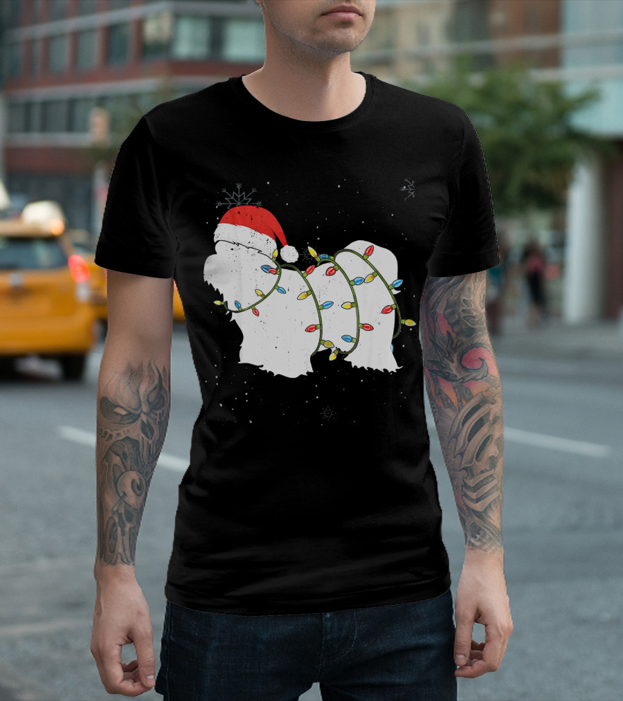 Funny Shih Tzu Christmas Santa Hat Wrapped In Holiday Lights T-Shirt