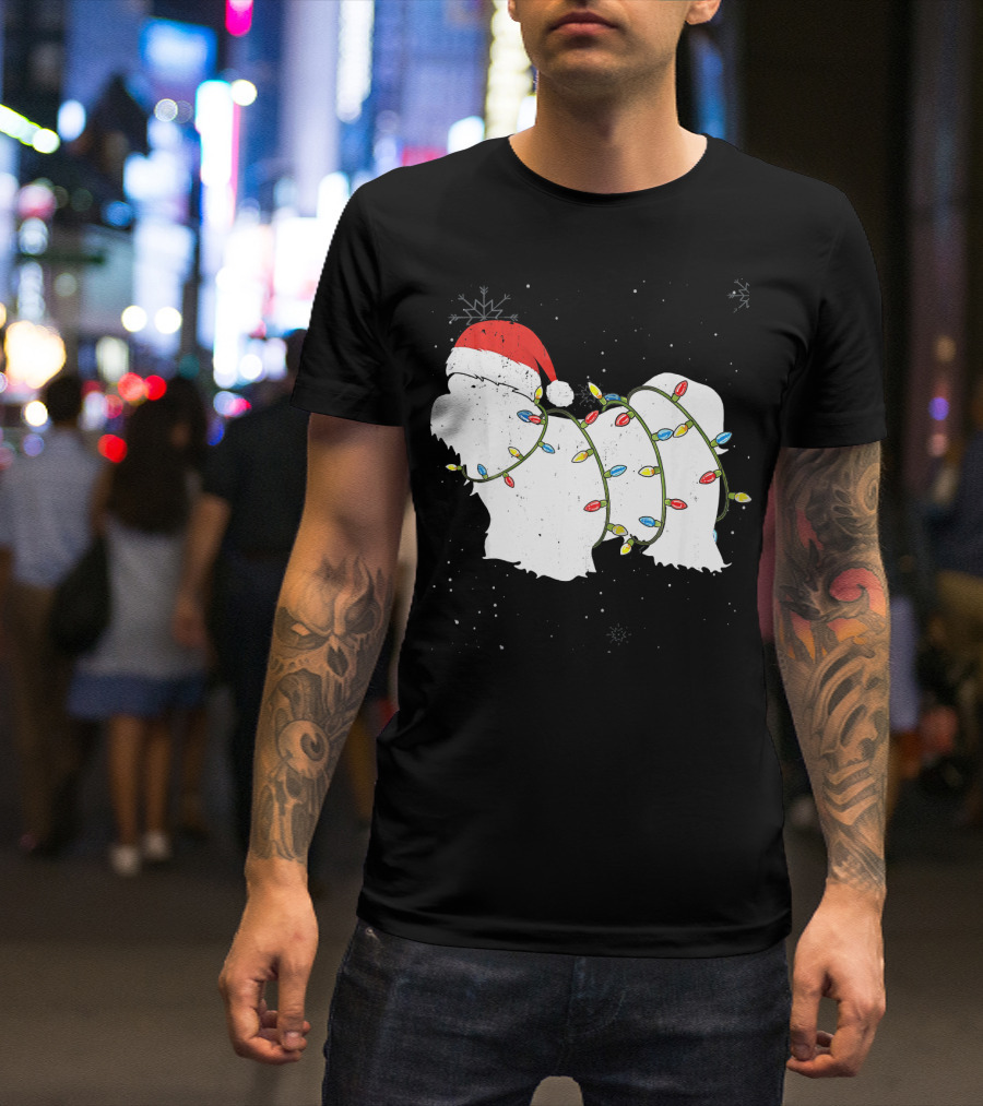 Funny Shih Tzu Christmas Santa Hat Wrapped In Holiday Lights T-Shirt