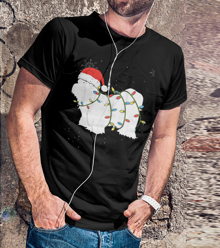 Funny Shih Tzu Christmas Santa Hat Wrapped In Holiday Lights T-Shirt