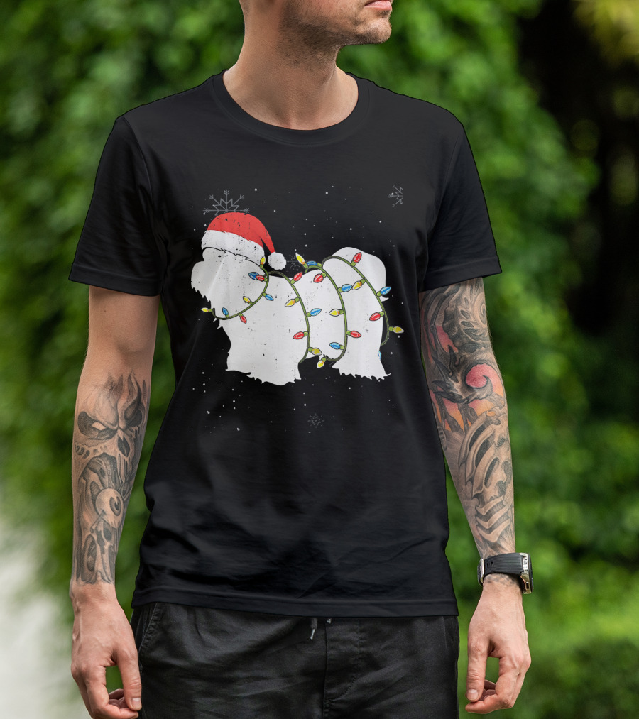 Funny Shih Tzu Christmas Santa Hat Wrapped In Holiday Lights T-Shirt