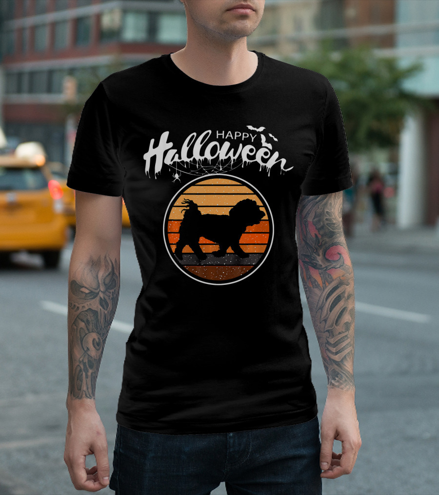 Happy Halloween Cute Maltese Silhouette Vintage Sunset T-Shirt