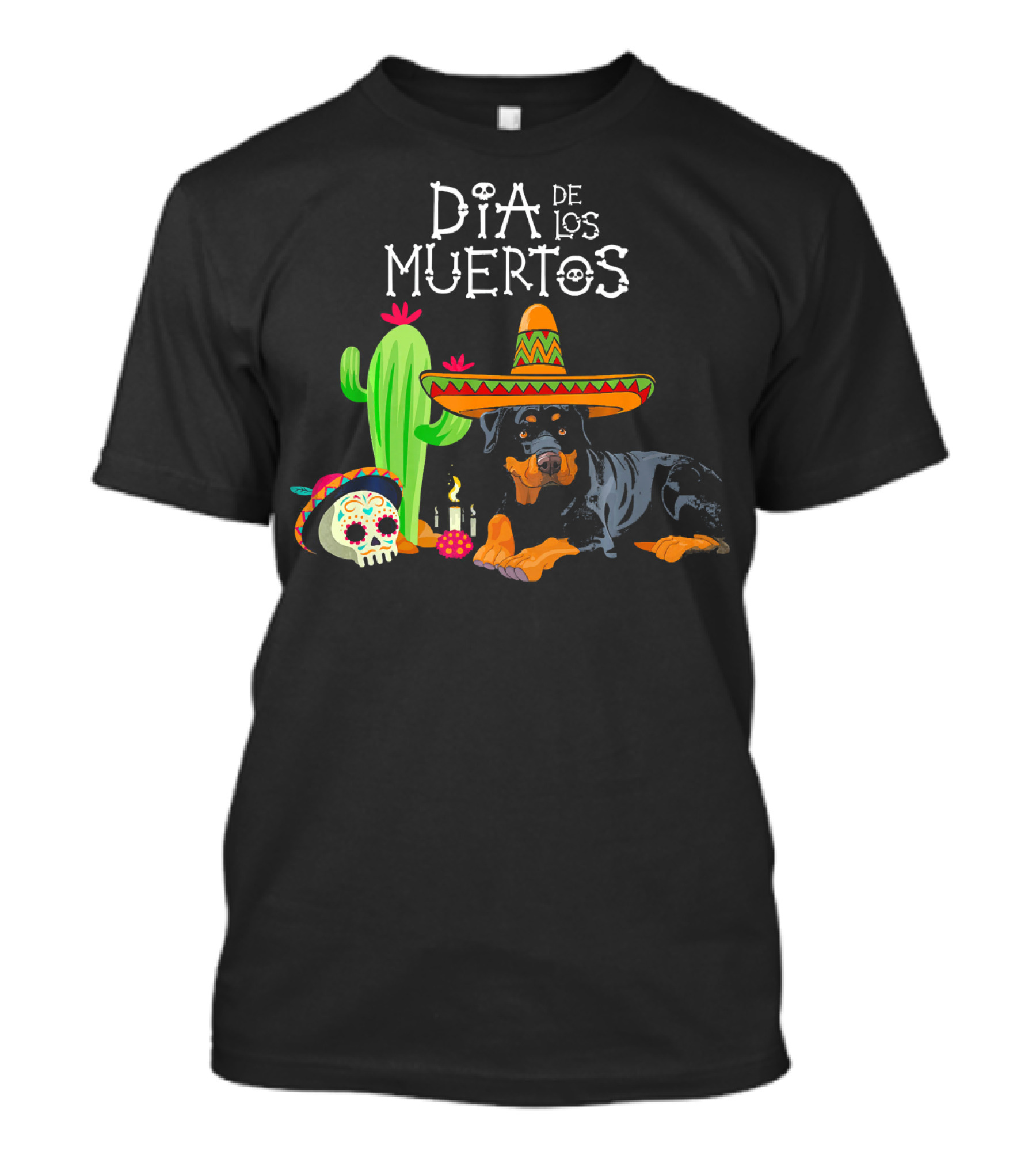 Día De Los Muertos Sombrero Rottweiler With Cactus And Colorful Skull T-Shirt