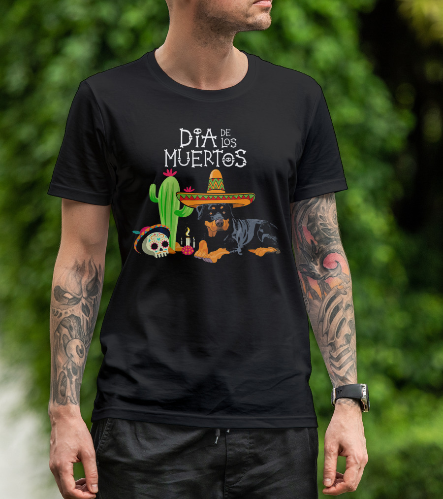 Día De Los Muertos Sombrero Rottweiler With Cactus And Colorful Skull T-Shirt