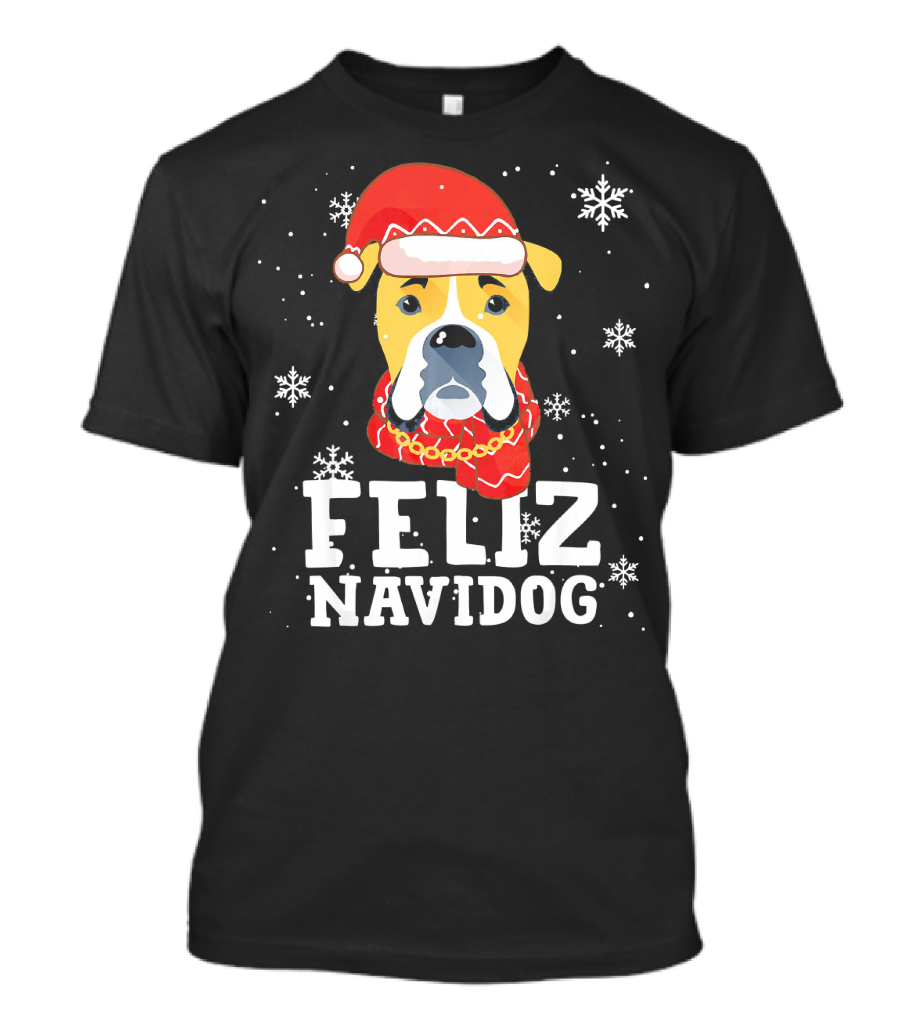 Feliz Navidog Boxer Dog Santa Hat Snowflakes T-Shirt