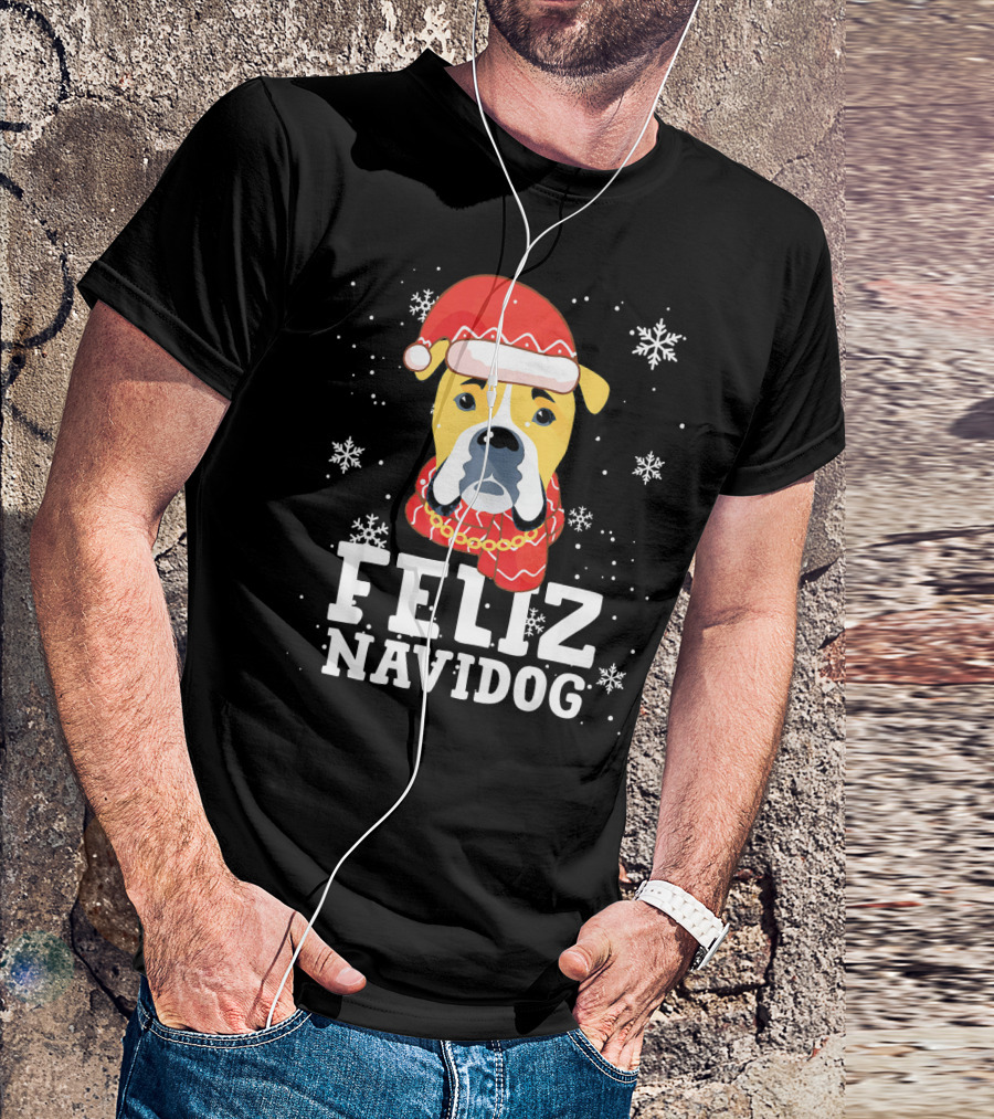 Feliz Navidog Boxer Dog Santa Hat Snowflakes T-Shirt