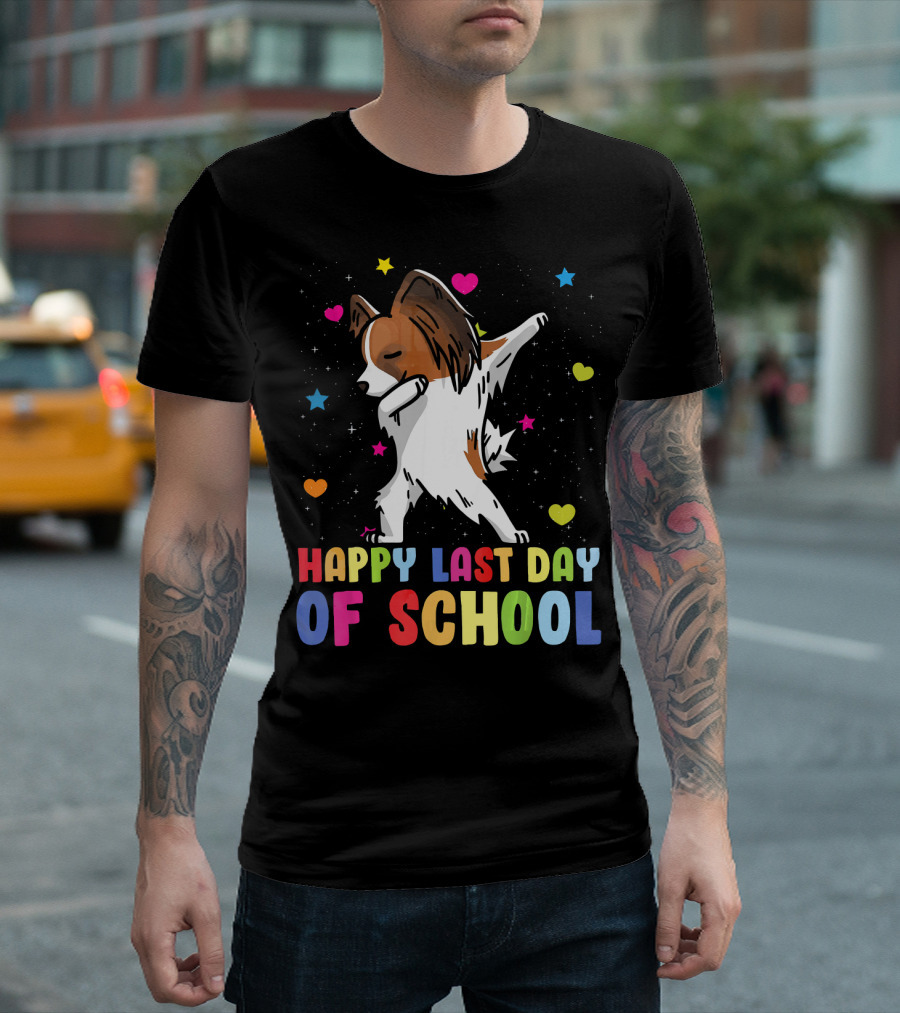 Dabbing Papillon Dog Happy Last Day of School T-Shirt
