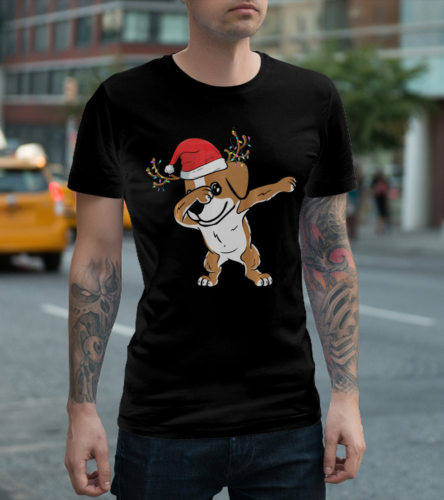 Dabbing Jack Russell Christmas Santa Hat Reindeer Antlers T-Shirt