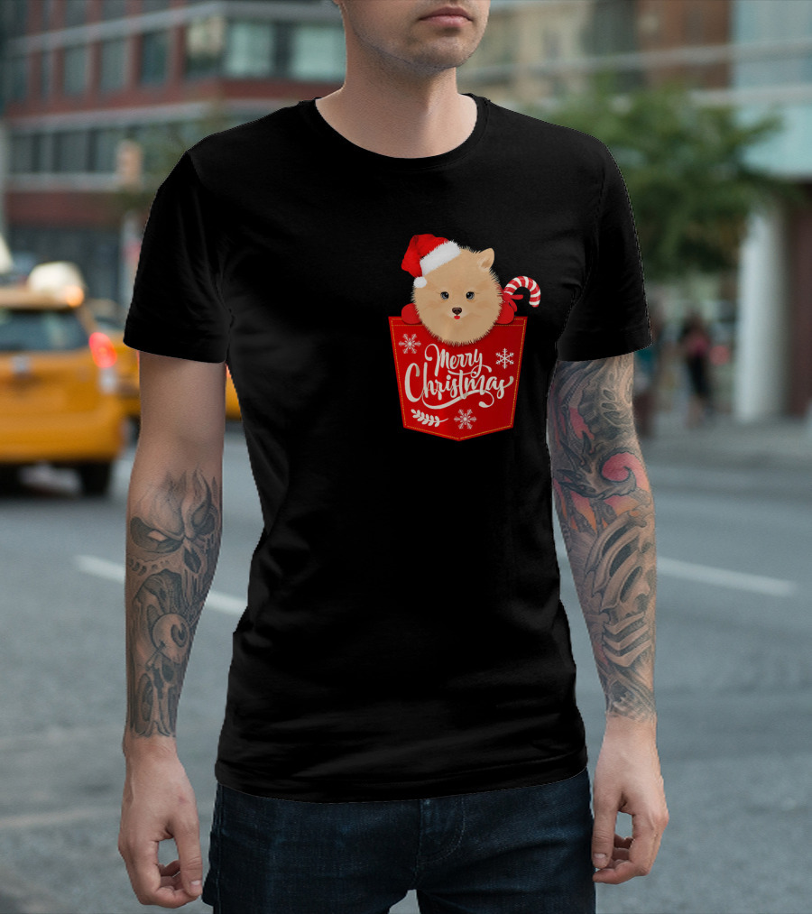 Merry Christmas Funny Pomeranian Dog in Santa Hat with Candy Cane Pocket T-Shirt