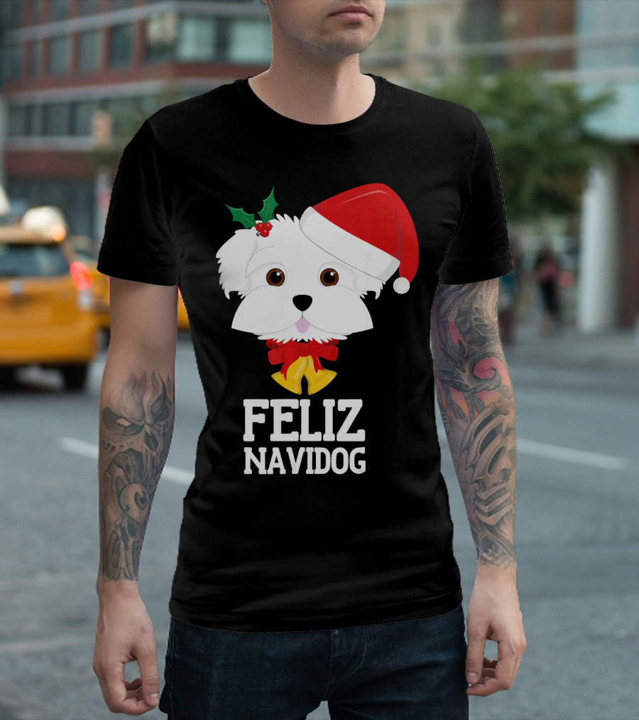 Feliz Navidog Merry Christmas Maltes Dog With Santa Hat and Holly T-Shirt