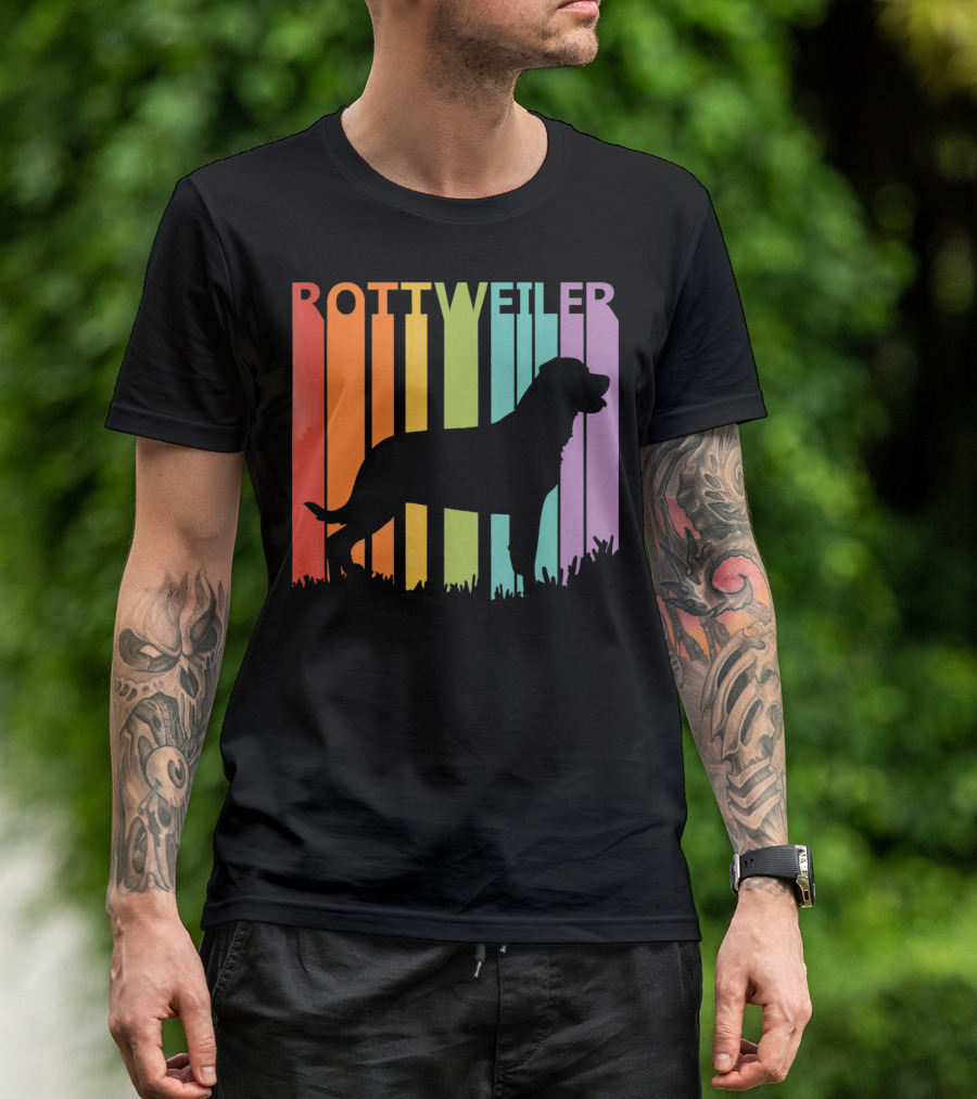 Rottweiler Silhouette On Rainbow Background T-Shirt