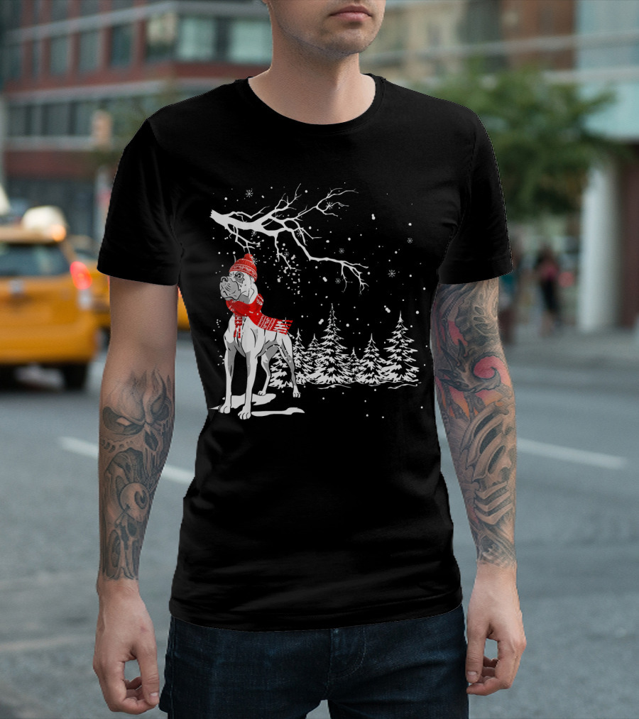 Funny Great Dane Dog Snow Winter Scene with Red Scarf and Hat T-Shirt