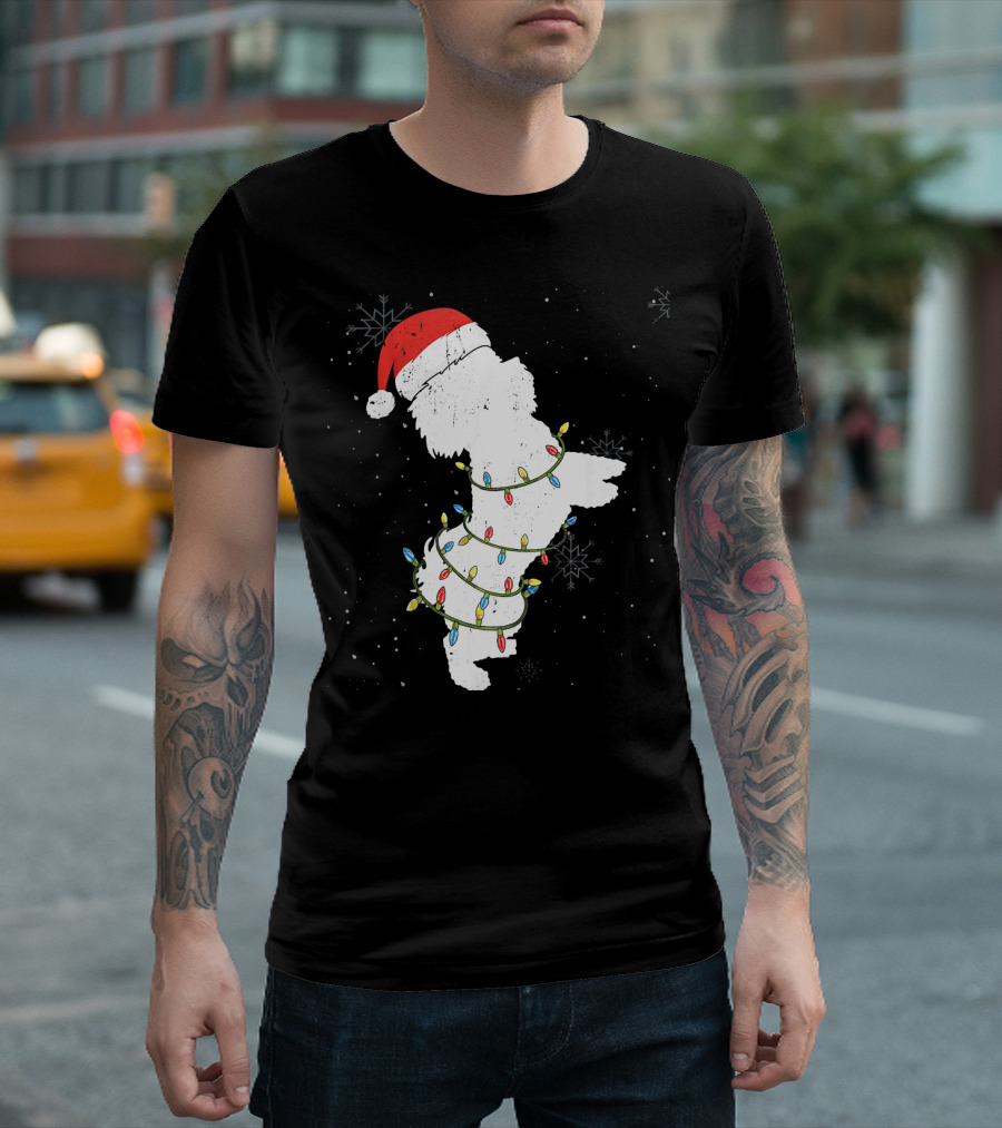 Maltese Dog in Santa Hat Wrapped in Christmas Lights Snowflakes T-Shirt