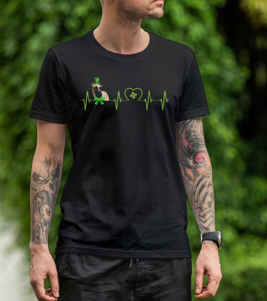 Great Dane Heartbeat St Patricks Day Dog With Shamrock And Leprechaun Hat T-Shirt