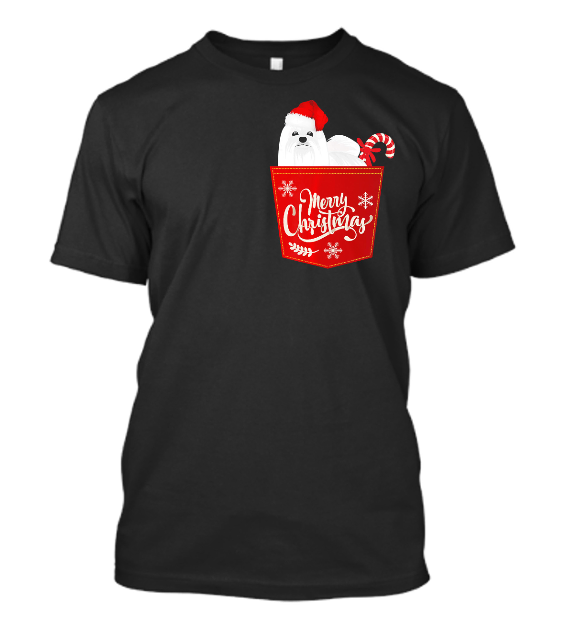Merry Christmas Maltese Dog In Santa Hat With Candy Cane Pocket T-Shirt