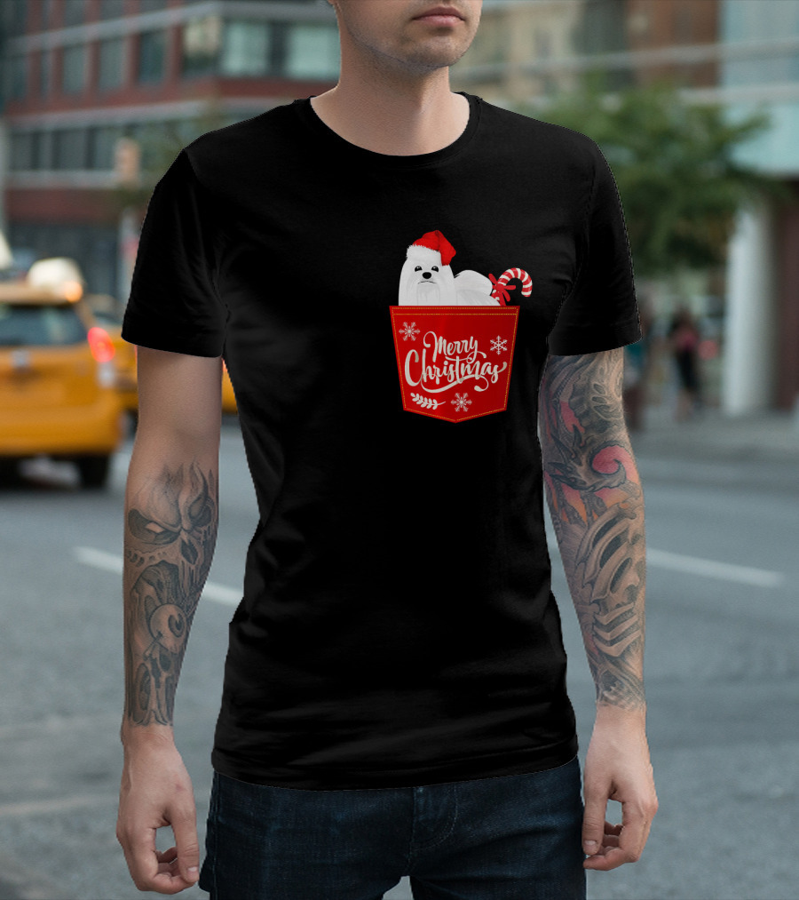 Merry Christmas Maltese Dog In Santa Hat With Candy Cane Pocket T-Shirt