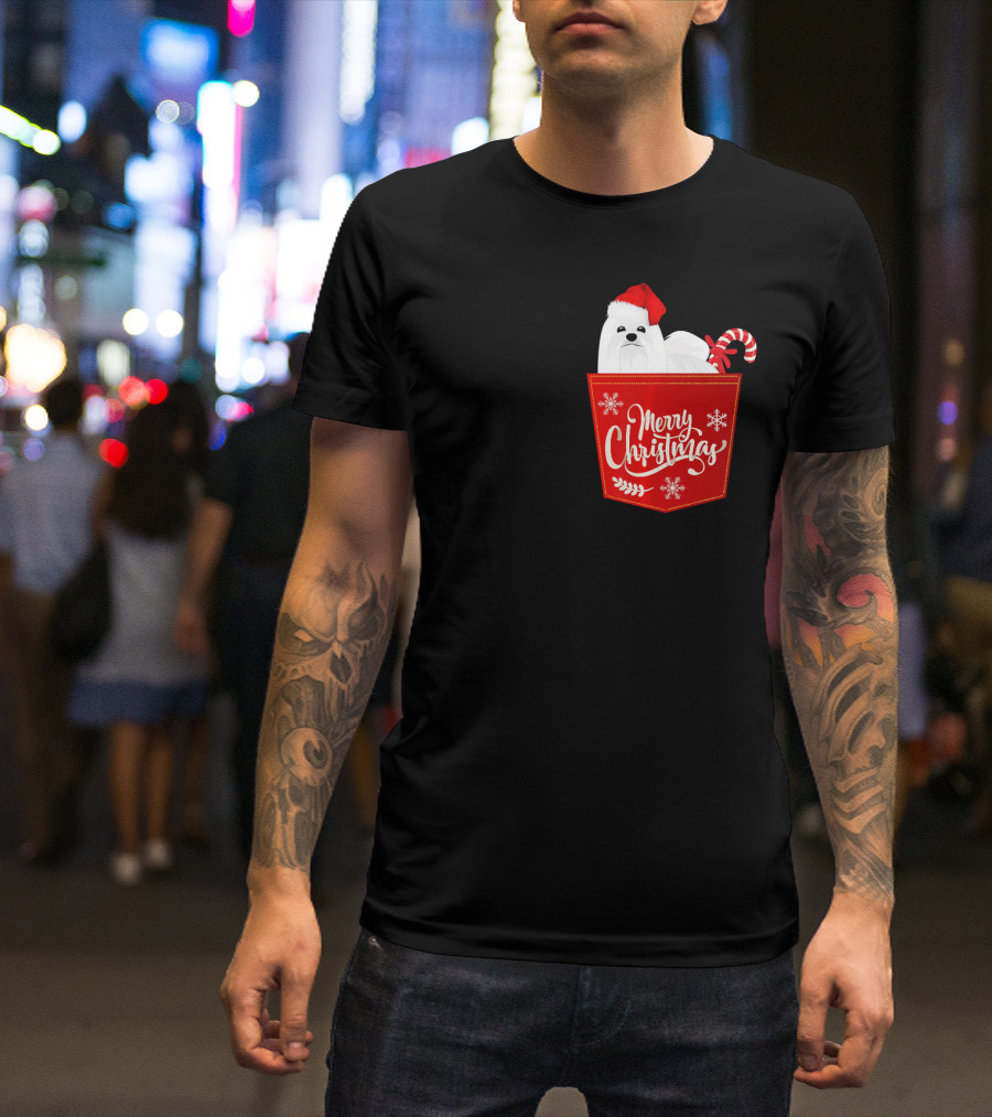 Merry Christmas Maltese Dog In Santa Hat With Candy Cane Pocket T-Shirt