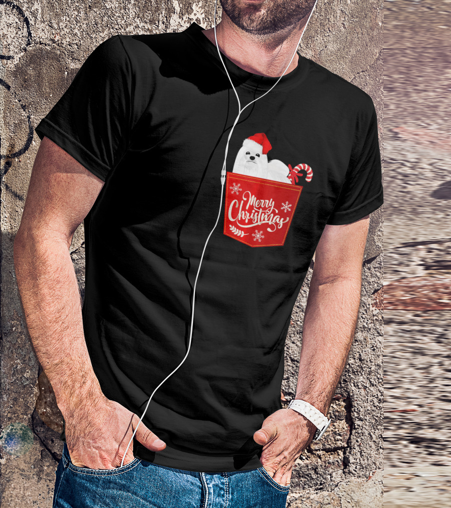 Merry Christmas Maltese Dog In Santa Hat With Candy Cane Pocket T-Shirt