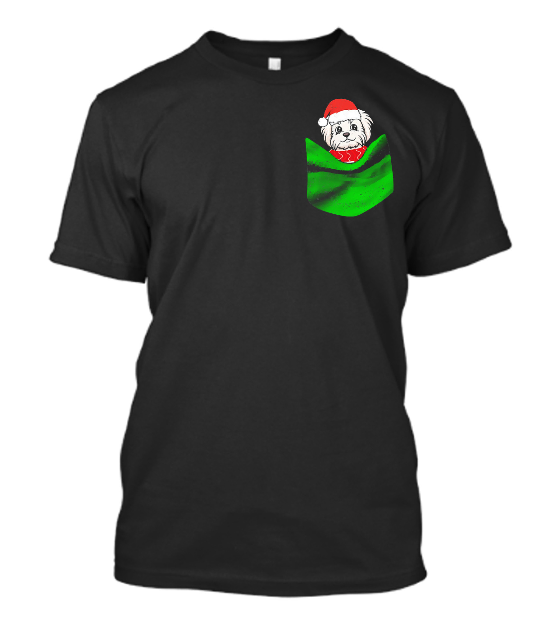 Funny Maltese Christmas Dog Santa Hat Green Pocket T-Shirt
