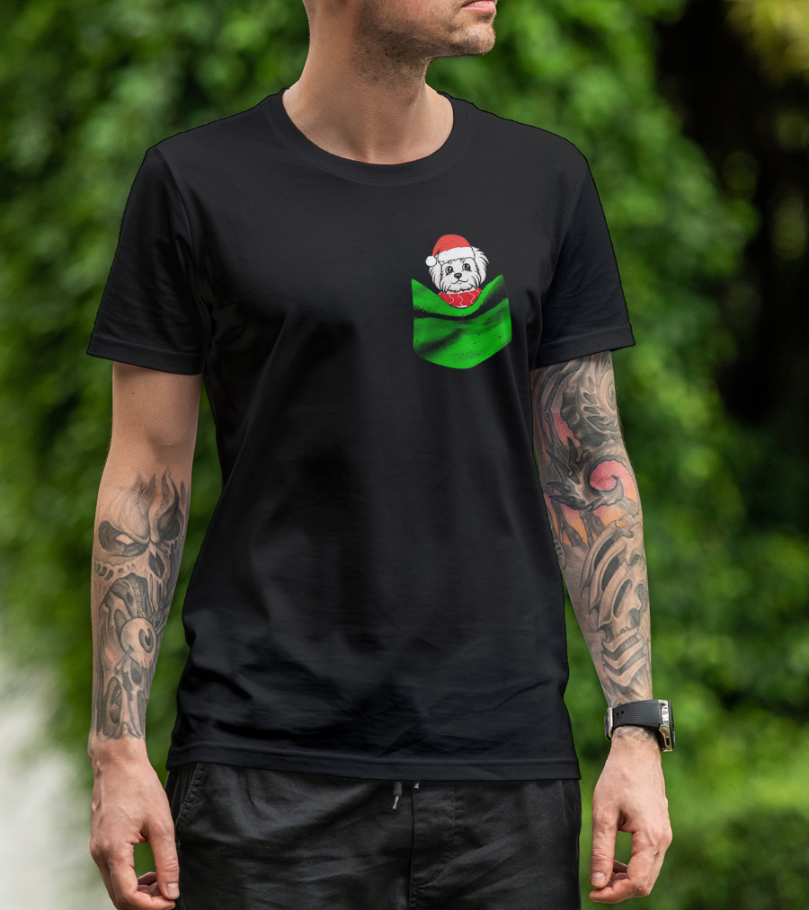Funny Maltese Christmas Dog Santa Hat Green Pocket T-Shirt