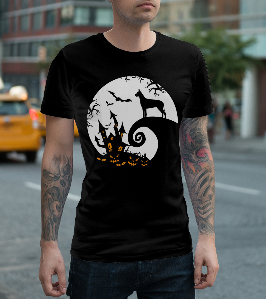 Funny Great Dane Moon Halloween Haunted House Pumpkin Nightmare T-Shirt