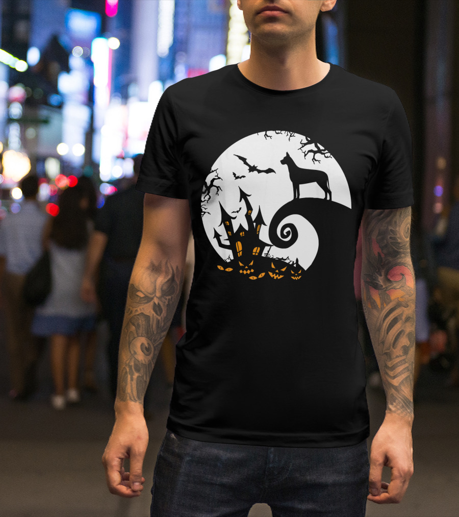 Funny Great Dane Moon Halloween Haunted House Pumpkin Nightmare T-Shirt