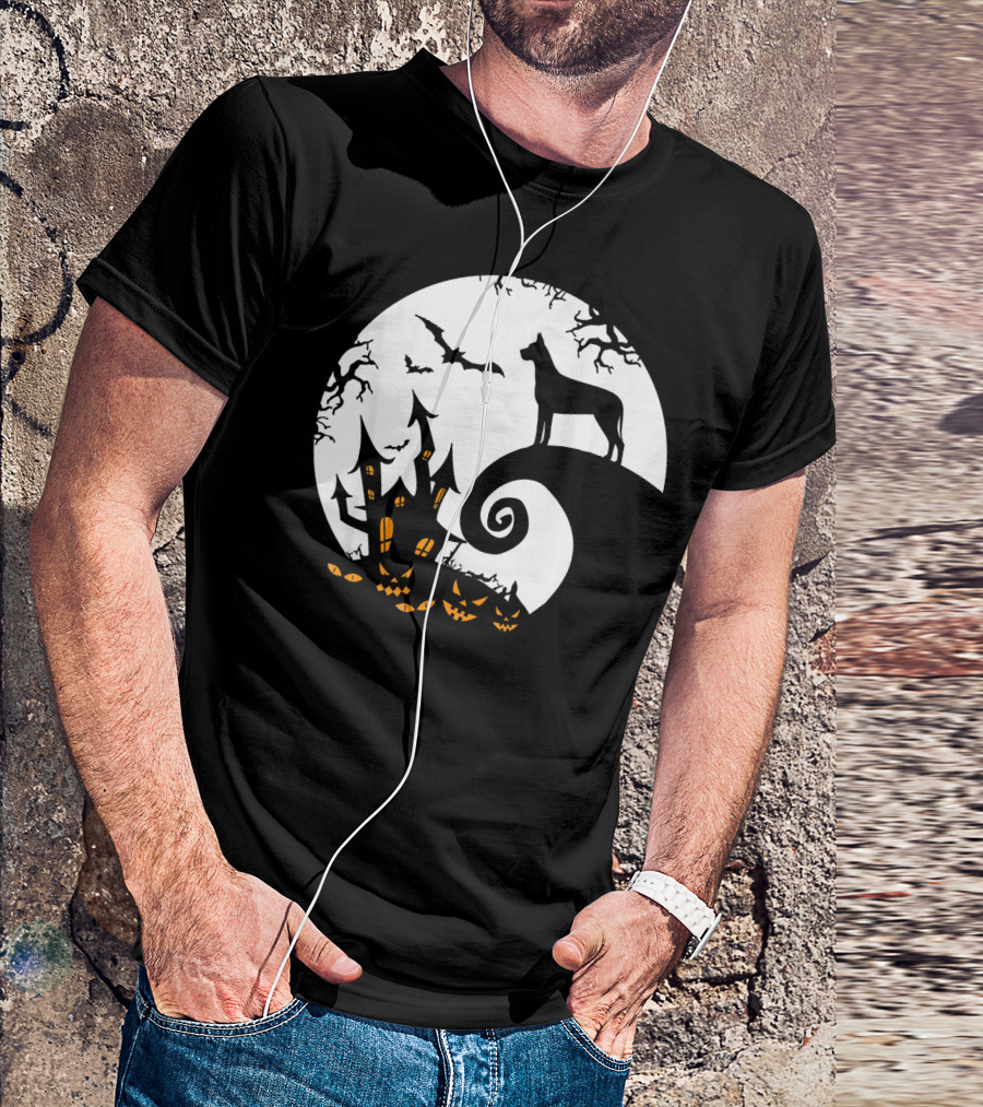 Funny Great Dane Moon Halloween Haunted House Pumpkin Nightmare T-Shirt