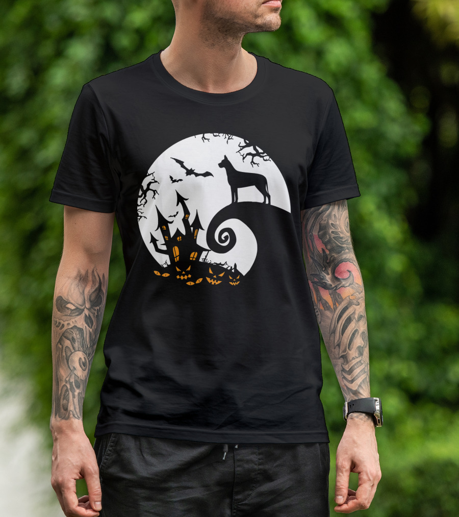 Funny Great Dane Moon Halloween Haunted House Pumpkin Nightmare T-Shirt