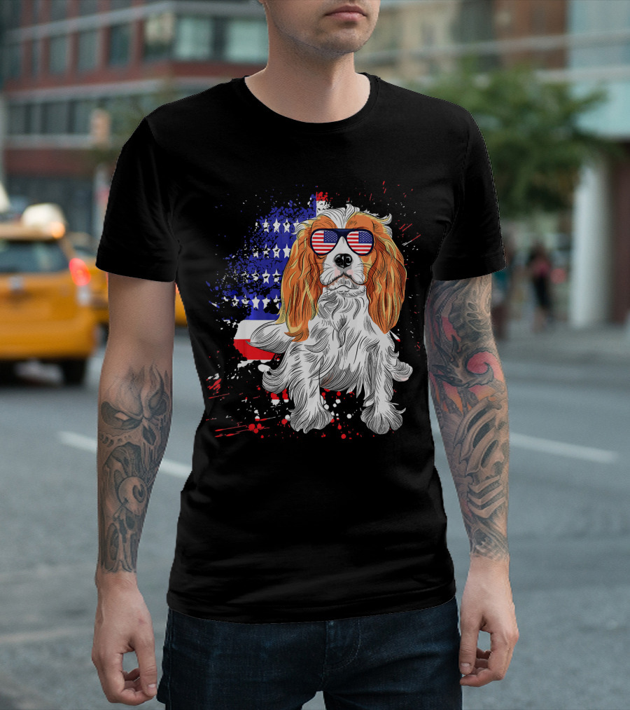 Funny Cavalier King Charles Spaniel American Flag Glasses T-Shirt