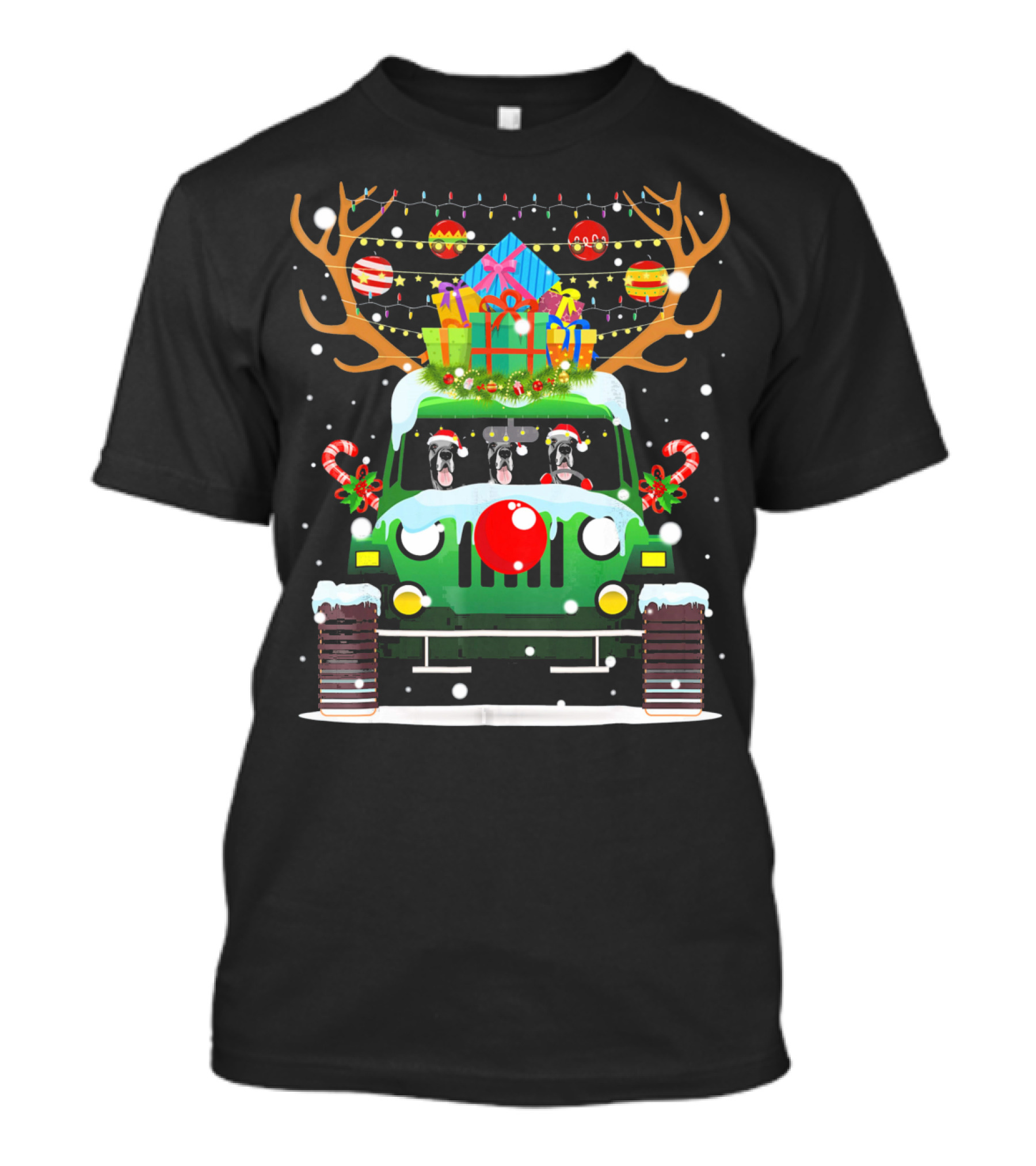 Great Dane Santa Hat Driving Jeep Reindeer Christmas Gifts Snowflakes T-Shirt
