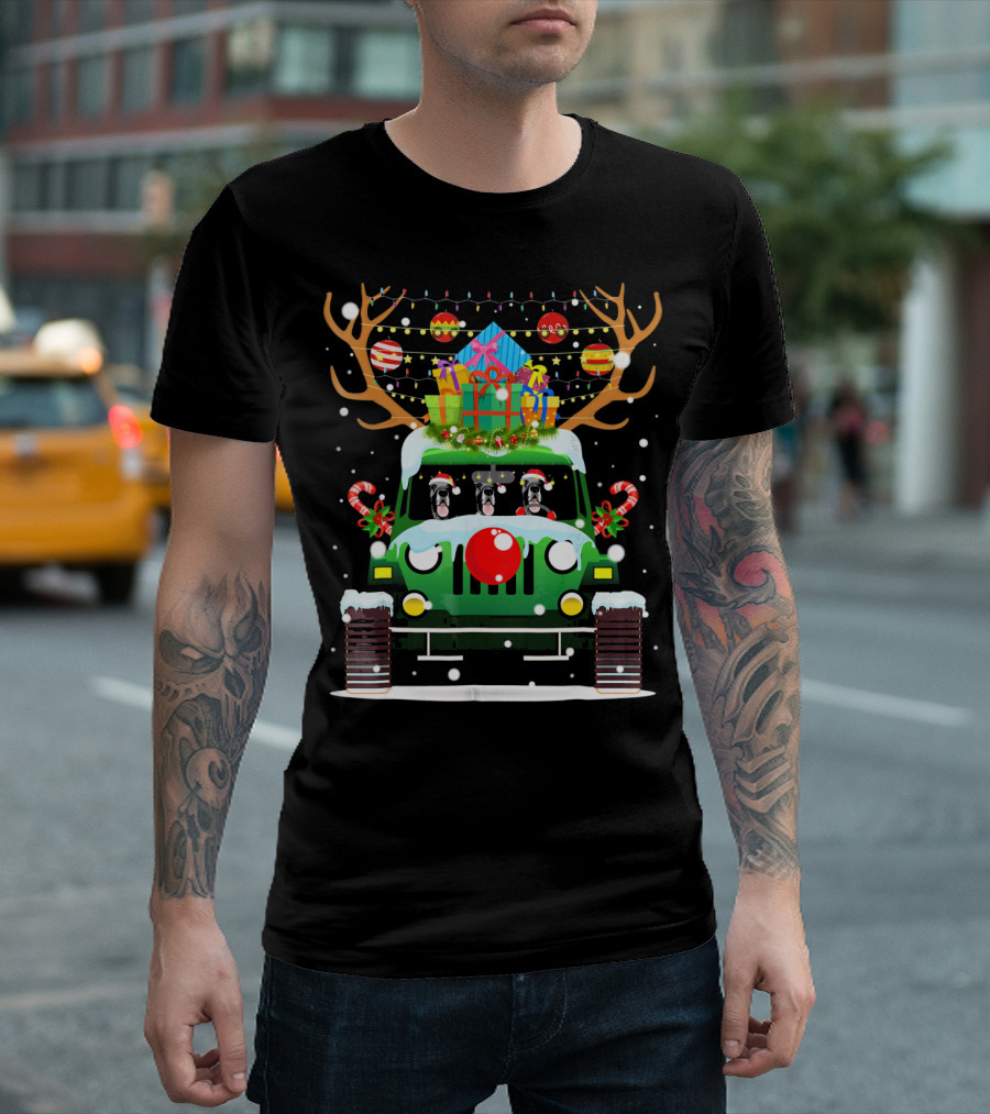 Great Dane Santa Hat Driving Jeep Reindeer Christmas Gifts Snowflakes T-Shirt