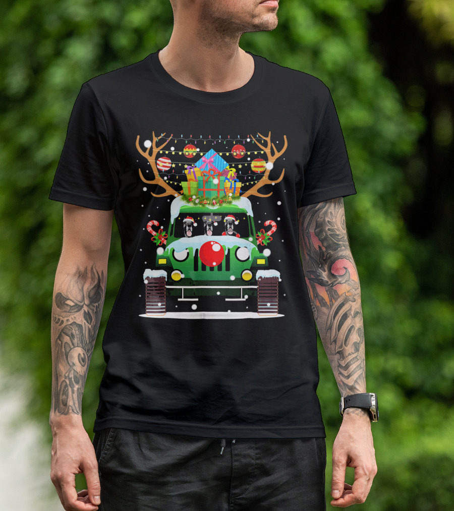 Great Dane Santa Hat Driving Jeep Reindeer Christmas Gifts Snowflakes T-Shirt