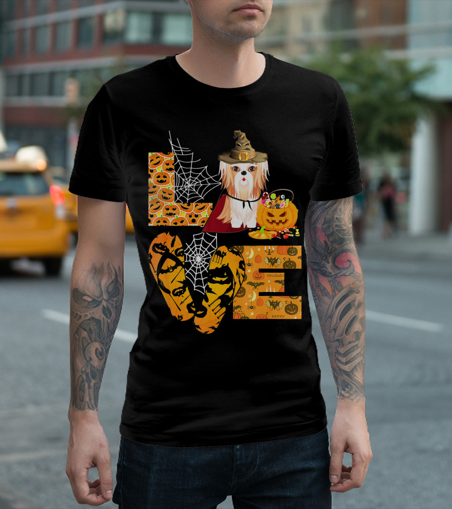LOVE Shih Tzu Pumpkin Halloween Happy Spiderwebs T-Shirt