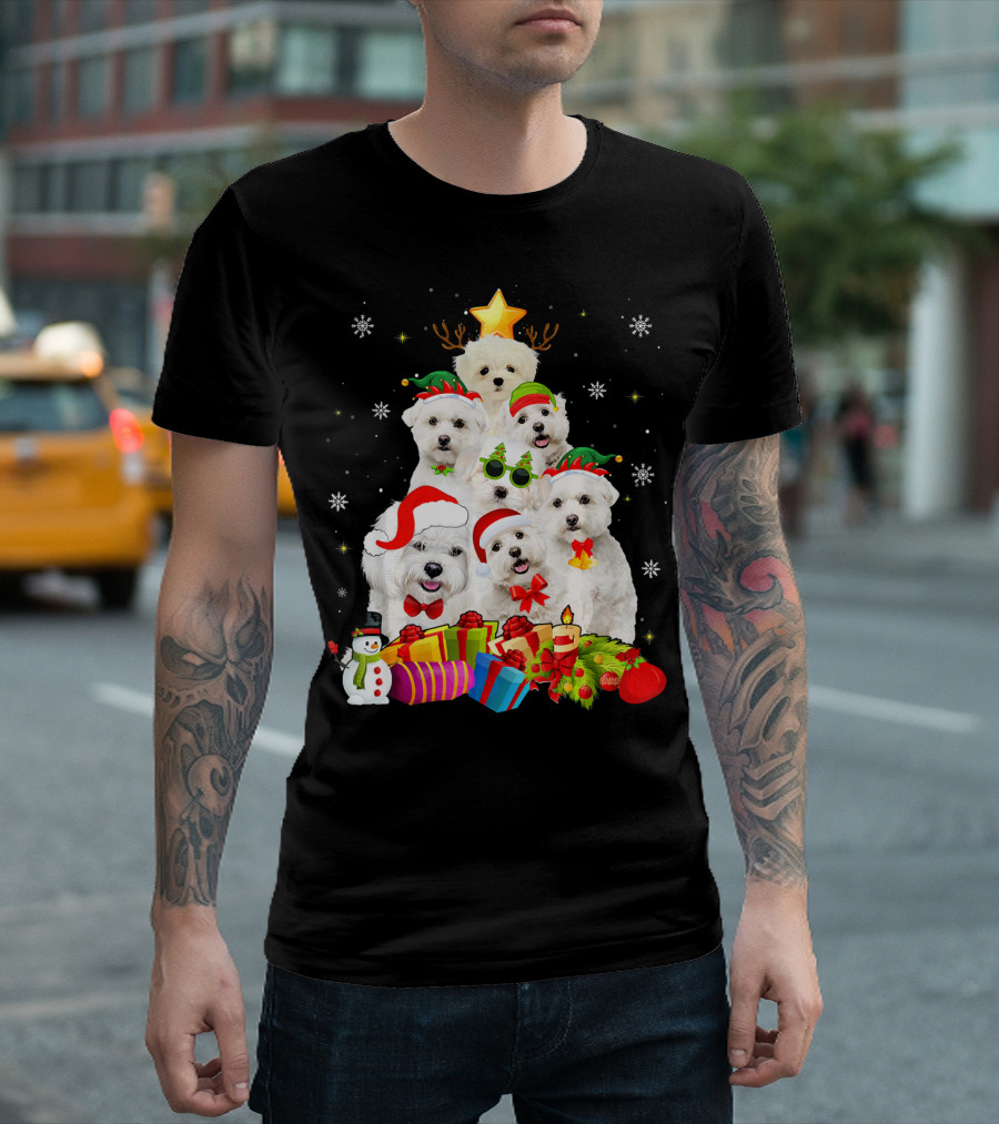 Funny Maltese Dog Christmas Santa Hats Tree Gifts Snowflakes Star T-Shirt
