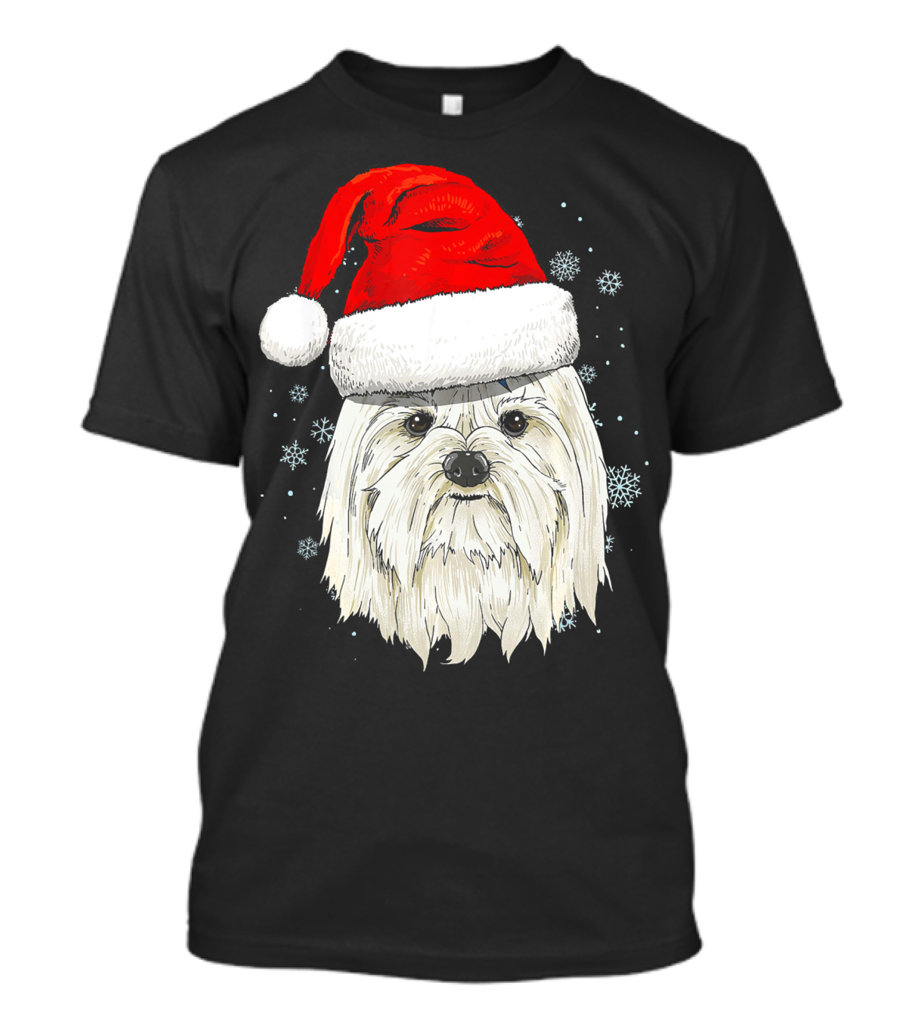 Maltese Dog Wearing Santa Hat With Snowflakes Christmas T-Shirt