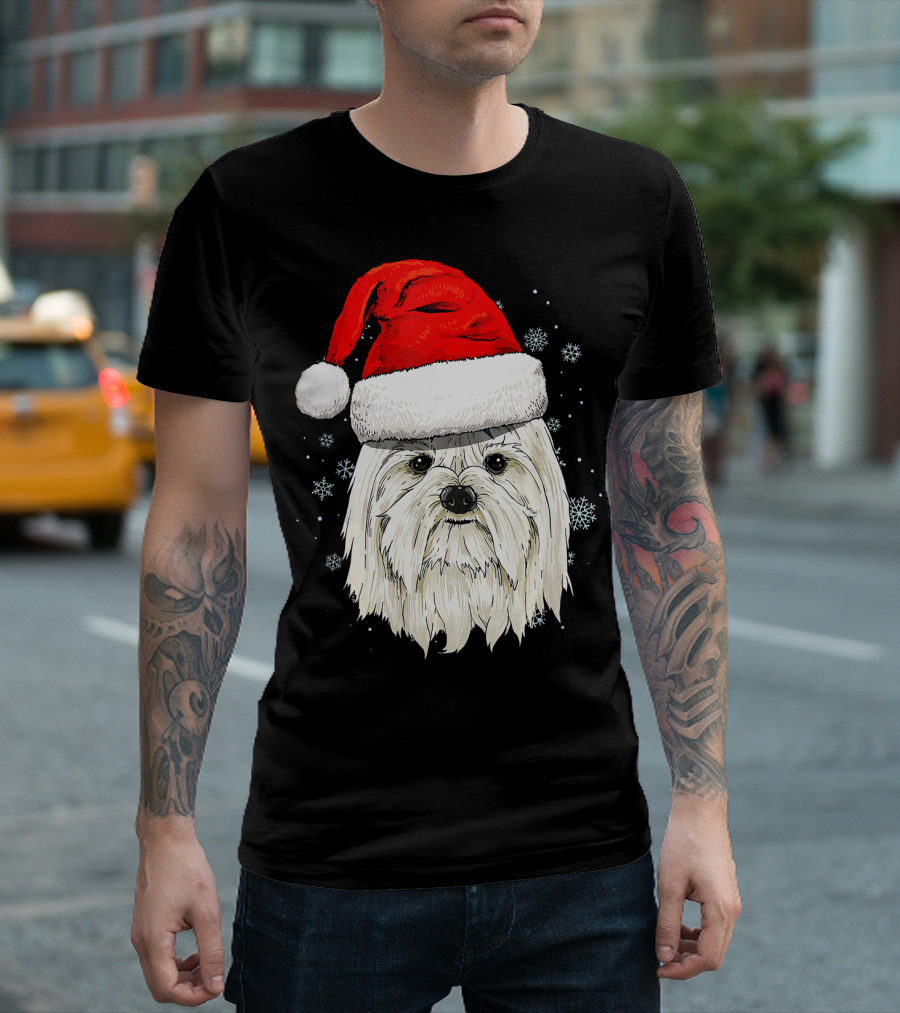 Maltese Dog Wearing Santa Hat With Snowflakes Christmas T-Shirt