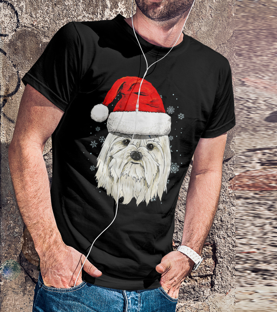 Maltese Dog Wearing Santa Hat With Snowflakes Christmas T-Shirt