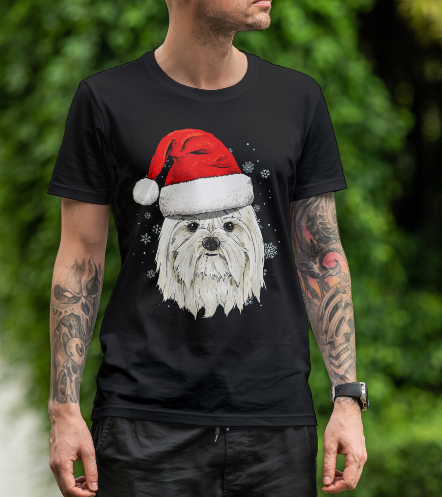 Maltese Dog Wearing Santa Hat With Snowflakes Christmas T-Shirt