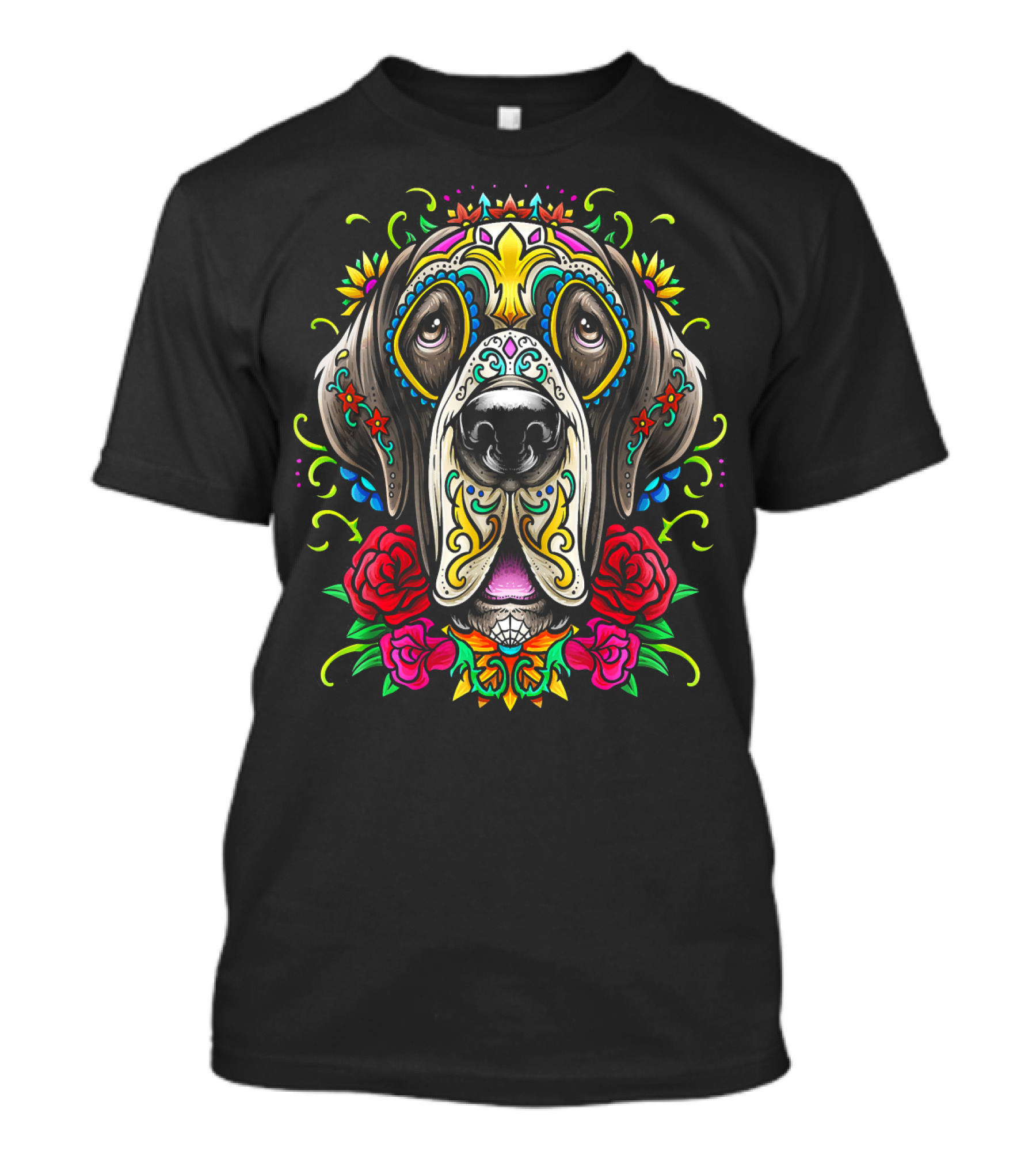 Great Dane Dog Day Of The Dead Tattoo Style Roses Colorful T-Shirt