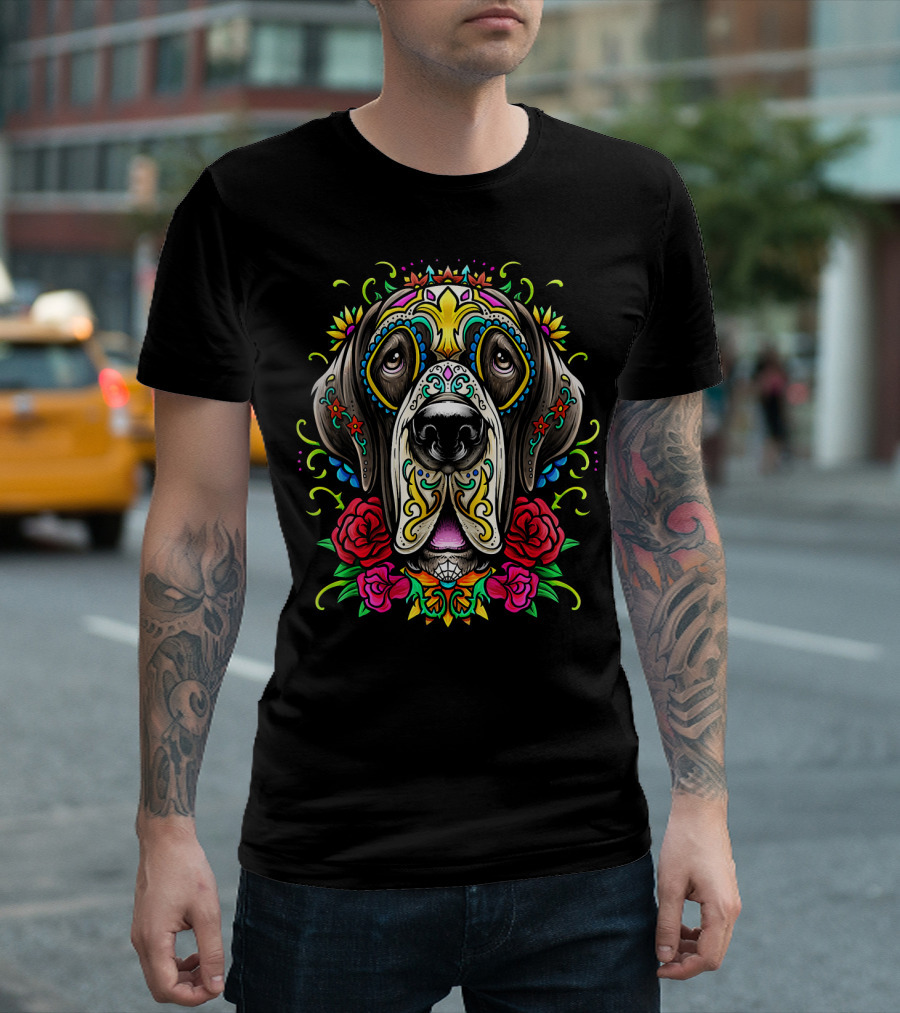 Great Dane Dog Day Of The Dead Tattoo Style Roses Colorful T-Shirt