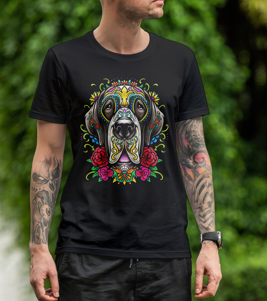 Great Dane Dog Day Of The Dead Tattoo Style Roses Colorful T-Shirt