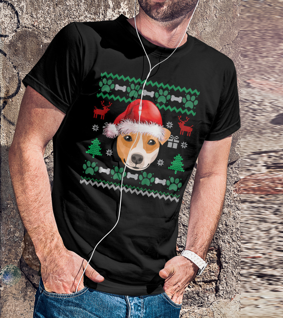 Jack Russell Terrier Santa Hat Ugly Christmas Sweater Dog Bones Paws T-Shirt