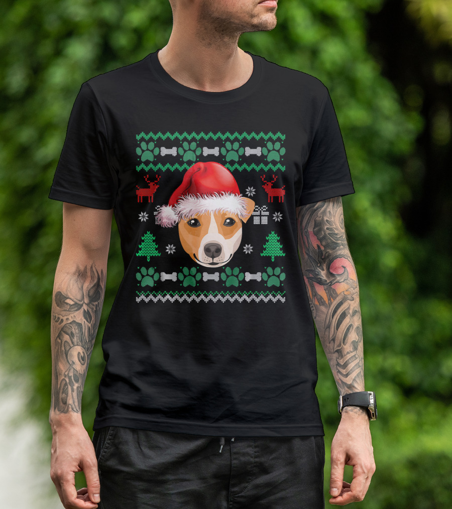 Jack Russell Terrier Santa Hat Ugly Christmas Sweater Dog Bones Paws T-Shirt