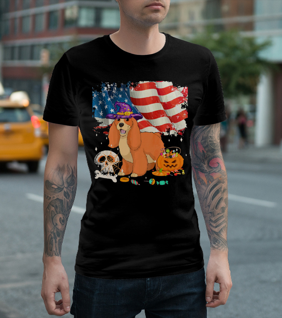 Cocker Spaniel Halloween Witch Dog with American Flag and Candy T-Shirt