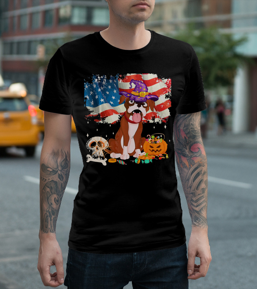 Funny Boxer Dog Halloween Wizard Hat American Flag T-Shirt