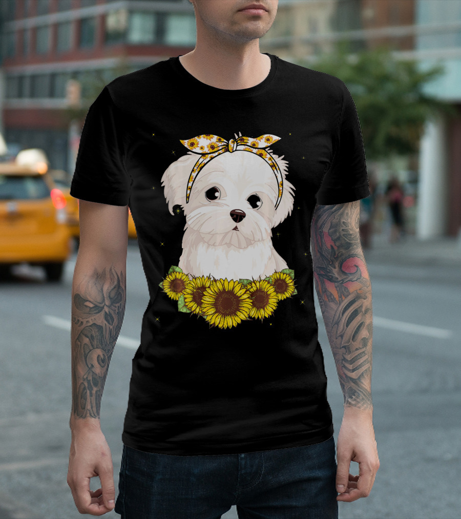Girls Maltese Dog with Sunflower Headband Blossoms T-Shirt