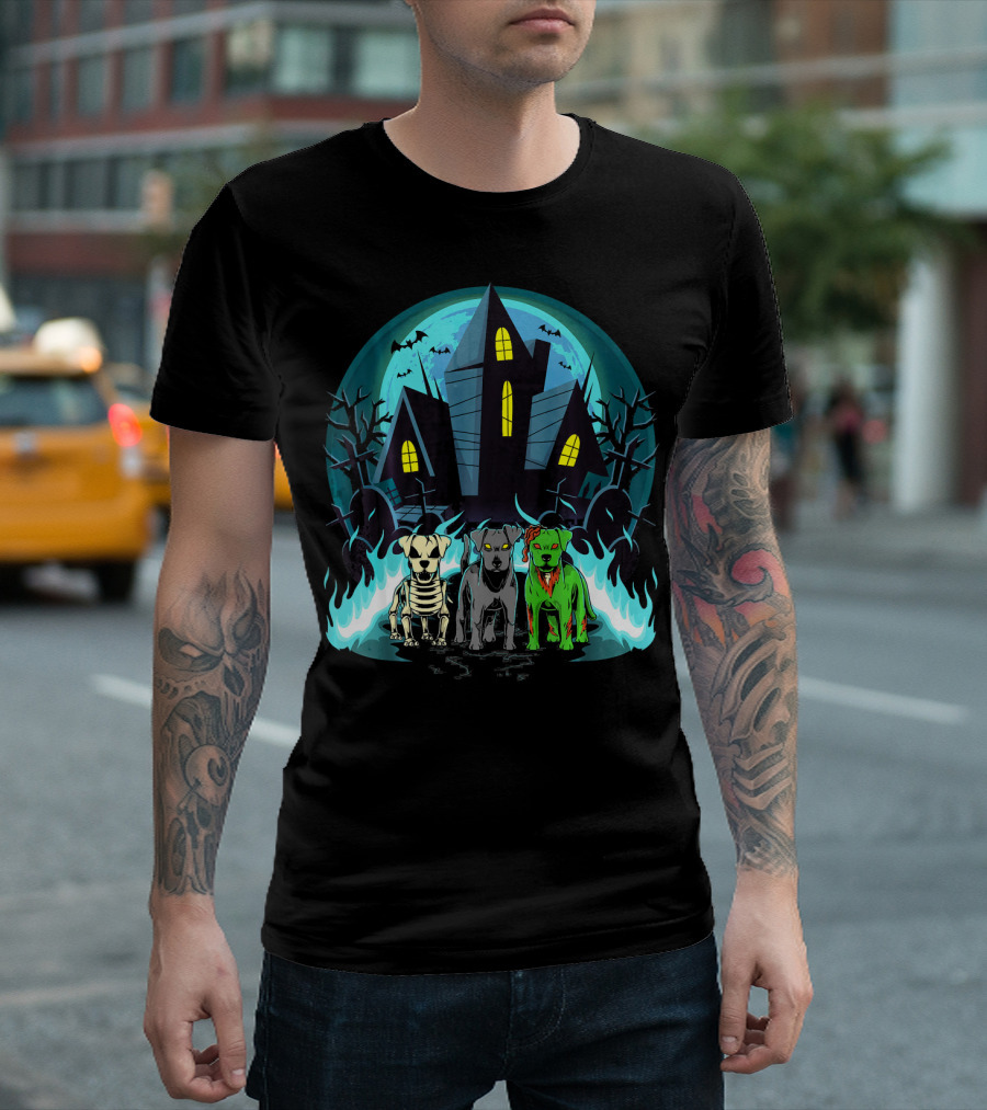 Halloween Jack Russell Terriers Zombie Haunted Mansion with Bats and Skeletons T-Shirt