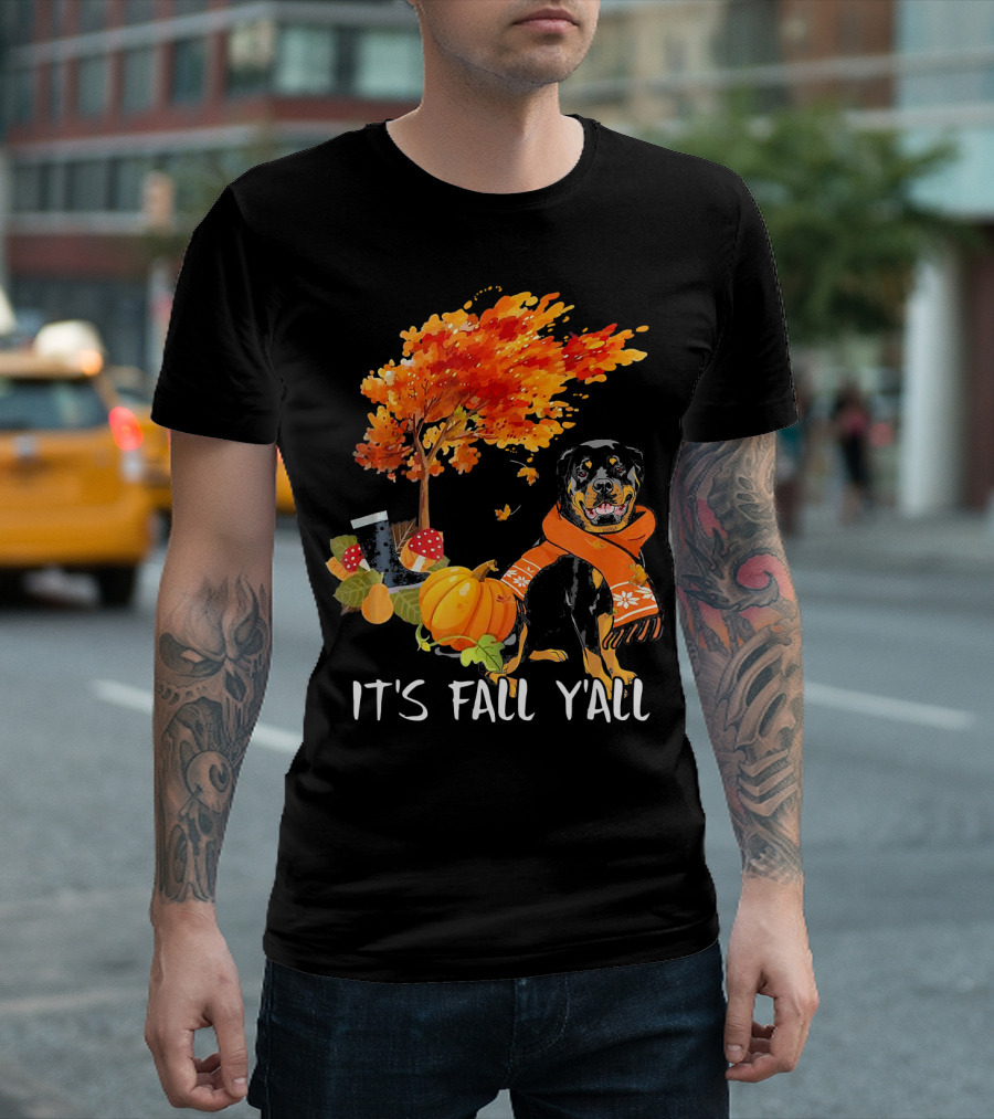 It's Fall Y'all Rottweiler with Pumpkin and Autumn Tree T-Shirt