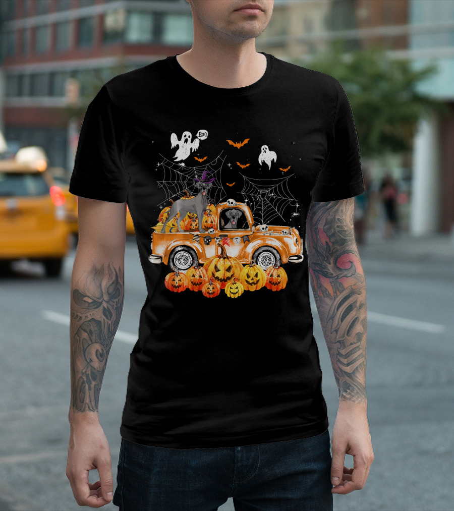 Great Dane Dog on Halloween Pumpkins Truck with Ghosts and Spiderwebs T-Shirt